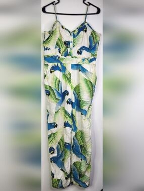 Spaghetti Strap Araras Jumpsuit, Large, Parrot Tropical Smocked Ruffle